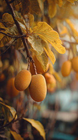 The Jackfruit in fall, warm amber light, crisp air, shallow depth of field, soft natural bokeh, true to life color, minimal styling.の写真素材