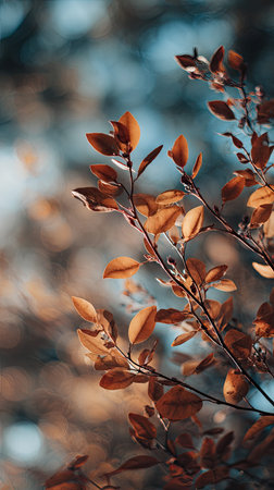 The Clove tree in fall, warm amber light, crisp air, shallow depth of field, soft natural bokeh, true to life color, minimal styling.の写真素材