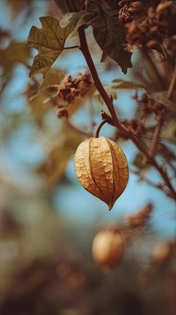 The Chayote in fall, warm amber light, crisp air, shallow depth of field, soft natural bokeh, true to life color, minimal styling.の写真素材