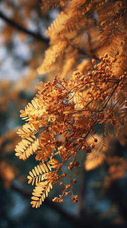 The Acacia in fall, warm amber light, crisp air, shallow depth of field, soft natural bokeh, true to life color, minimal styling.の写真素材