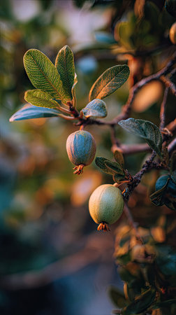 The Feijoa in fall, warm amber light, crisp air, shallow depth of field, soft natural bokeh, true to life color, minimal styling.の写真素材