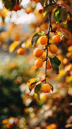 The Apricot tree in fall, warm amber light, crisp air, shallow depth of field, soft natural bokeh, true to life color, minimal styling.の写真素材