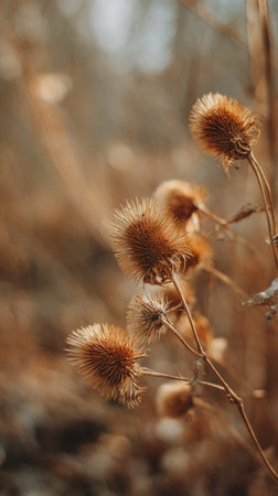 The Burdock root in fall, warm amber light, crisp air, shallow depth of field, soft natural bokeh, true to life color, minimal styling.の写真素材