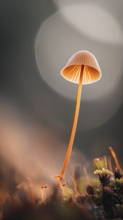 The Enoki mushroom in fall, warm amber light, crisp air, shallow depth of field, soft natural bokeh, true to life color, minimal styling.の写真素材