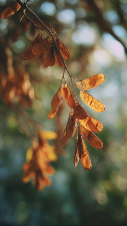 The Carob in fall, warm amber light, crisp air, shallow depth of field, soft natural bokeh, true to life color, minimal styling.の写真素材