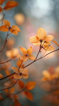 The Kousa dogwood in fall, warm amber light, crisp air, shallow depth of field, soft natural bokeh, true to life color, minimal styling.の写真素材