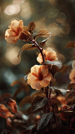 The Gloxinia in fall, warm amber light, crisp air, shallow depth of field, soft natural bokeh, true to life color, minimal styling.の写真素材