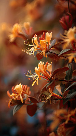 The Honeysuckle in fall, warm amber light, crisp air, shallow depth of field, soft natural bokeh, true to life color, minimal styling.の写真素材