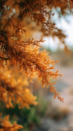The Italian cypress in fall, warm amber light, crisp air, shallow depth of field, soft natural bokeh, true to life color, minimal styling.の写真素材