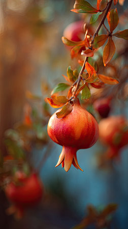 The Pomegranate in fall, warm amber light, crisp air, shallow depth of field, soft natural bokeh, true to life color, minimal styling.の写真素材