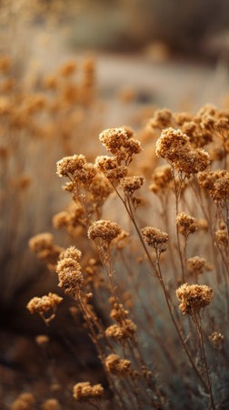 The Guayule in fall, warm amber light, crisp air, shallow depth of field, soft natural bokeh, true to life color, minimal styling.の写真素材