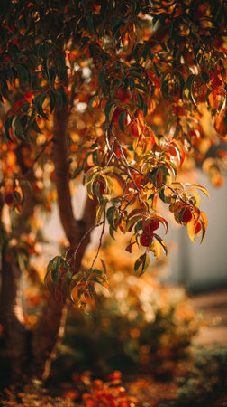 The Peach tree in fall, warm amber light, crisp air, shallow depth of field, soft natural bokeh, true to life color, minimal styling.の写真素材