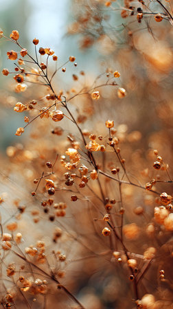 The Coriander in fall, warm amber light, crisp air, shallow depth of field, soft natural bokeh, true to life color, minimal styling.の写真素材