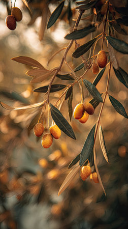 The Olive tree in fall, warm amber light, crisp air, shallow depth of field, soft natural bokeh, true to life color, minimal styling.の写真素材