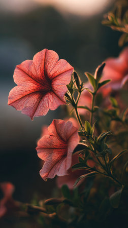 The Petunia in fall, warm amber light, crisp air, shallow depth of field, soft natural bokeh, true to life color, minimal styling.の写真素材