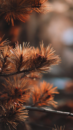 The Pine in fall, warm amber light, crisp air, shallow depth of field, soft natural bokeh, true to life color, minimal styling.の写真素材