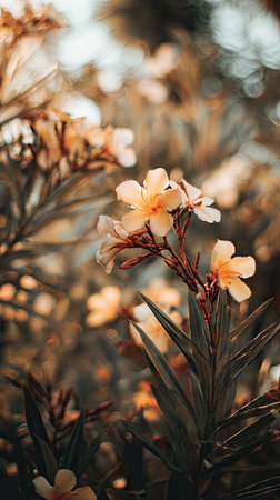 The Oleander in fall, warm amber light, crisp air, shallow depth of field, soft natural bokeh, true to life color, minimal styling.の写真素材