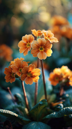 The Polyanthus in fall, warm amber light, crisp air, shallow depth of field, soft natural bokeh, true to life color, minimal styling.の写真素材
