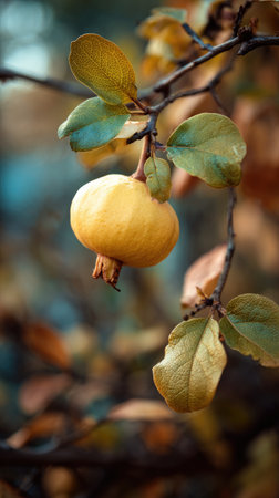 The Quince in fall, warm amber light, crisp air, shallow depth of field, soft natural bokeh, true to life color, minimal styling.の写真素材