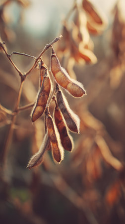 The Soybean in fall, warm amber light, crisp air, shallow depth of field, soft natural bokeh, true to life color, minimal styling.の写真素材