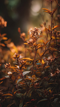 The Thai basil in fall, warm amber light, crisp air, shallow depth of field, soft natural bokeh, true to life color, minimal styling.の写真素材