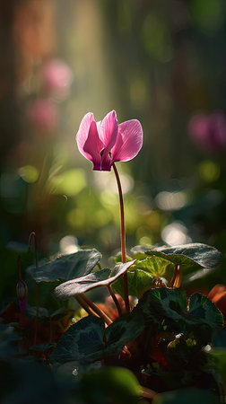 A sunlit portrait of a single Cyclamen, photographed outdoors on a clear, breezy day. Fresh, crisp air renders vivid detail in the leave veins glowing with gentle backlight. The background falls into a soft natural bokeh of greenery, colors truetolife, organic beauty in pure sunlight.の写真素材