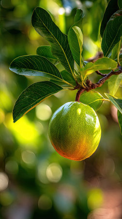 A sunlit portrait of a single Sapote, photographed outdoors on a clear, breezy day. Fresh, crisp air renders vivid detail in the leave veins glowing with gentle backlight. The background falls into a soft natural bokeh of greenery, colors truetolife, organic beauty in pure sunlight.の写真素材