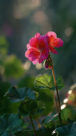 A sunlit portrait of a single Geranium, photographed outdoors on a clear, breezy day. Fresh, crisp air renders vivid detail in the leave veins glowing with gentle backlight. The background falls into a soft natural bokeh of greenery, colors truetolife, organic beauty in pure sunlight.の写真素材