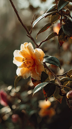 The Camellia in fall, warm amber light, crisp air, shallow depth of field, soft natural bokeh, true to life color, minimal styling.の写真素材