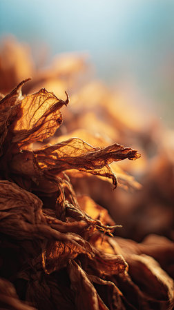 The Tobacco in fall, warm amber light, crisp air, shallow depth of field, soft natural bokeh, true to life color, minimal styling.の写真素材