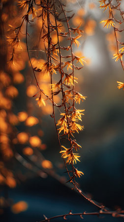 The Russelia in fall, warm amber light, crisp air, shallow depth of field, soft natural bokeh, true to life color, minimal styling.の写真素材