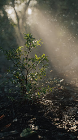 A cinematic wide shot of a young Langsat growing, slightly larger than before, its trunk and branches beginning to take shape, surrounded by rich, dark soil and faint morning mist, golden sunlight breaking through the clouds, soft beams illuminating the growing tree, ultra-realistic photography with true Earth like realism natural hues, no artificial colors, cinematic composition, deep 3D parallax depth creating an immersive, awe-inspiring atmosphere, subtle natural lens flares, minimal 35mm film grain, tranquil and hopeful tone, 8K, highly detailedの写真素材