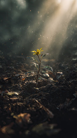 A cinematic wide shot of a young Primrose growing, slightly larger than before, its trunk and branches beginning to take shape, surrounded by rich, dark soil and faint morning mist, golden sunlight breaking through the clouds, soft beams illuminating the growing tree, ultra-realistic photography with true Earth-like realism and natural hues, no artificial colors, cinematic composition, deep 3D parallax depth creating an immersive, awe-inspiring atmosphere, subtle natural lens flares, minimal 35mm film grain, tranquil and hopeful tone, 8K, highly detailedの写真素材