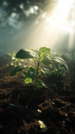 A cinematic wide shot of a young Okinawa spinach growing, slightly larger than before, surrounded by rich, dark soil and faint morning mist, golden sunlight breaking through the clouds, soft beams illuminating the growing plant, ultra-realistic photography with true Earth like realism natural hues, no artificial colors, cinematic composition, deep 3D parallax depth creating an immersive, awe-inspiring atmosphere, subtle natural lens flares, minimal 35mm film grain, tranquil and hopeful tone, 8K, highly detailedの写真素材