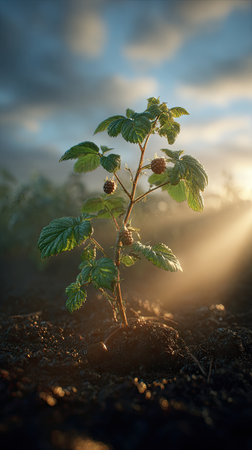 A cinematic wide shot of a young Raspberry growing, slightly larger than before, its trunk and branches beginning to take shape, surrounded by rich, dark soil and faint morning mist, golden sunlight breaking through the clouds, soft beams illuminating the growing tree, ultra-realistic photography with true Earth like realism natural hues, no artificial colors, cinematic composition, deep 3D parallax depth creating an immersive, awe-inspiring atmosphere, subtle natural lens flares, minimal 35mm film grain, tranquil and hopeful tone, 8K, highly detailedの写真素材