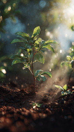 A cinematic wide shot of a young Jujube growing, slightly larger than before, its trunk and branches beginning to take shape, surrounded by rich, dark soil and faint morning mist, golden sunlight breaking through the clouds, soft beams illuminating the growing tree, ultra-realistic photography with true Earth like realism natural hues, no artificial colors, cinematic composition, deep 3D parallax depth creating an immersive, awe-inspiring atmosphere, subtle natural lens flares, minimal 35mm film grain, tranquil and hopeful tone, 8K, highly detailed, cinematic masterpieceの写真素材