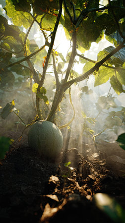 A cinematic wide shot of a young Winter melon growing, slightly larger than before, its trunk and branches beginning to take shape, surrounded by rich, dark soil and faint morning mist, golden sunlight breaking through the clouds, soft beams illuminating the growing tree, ultra-realistic photography with true Earth like realism natural hues, no artificial colors, cinematic composition, deep 3D parallax depth creating an immersive, awe-inspiring atmosphere, subtle natural lens flares, minimal 35mm film grain, tranquil and hopeful tone, 8K, highly detailedの写真素材