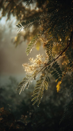 The Acacia in light fog, dew on leaves, light soft diffused, threequarter view.の写真素材