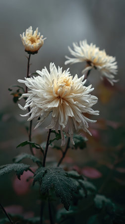 The Chrysanthemum in light fog, dew on leaves, light soft diffused, threequarter view.の写真素材