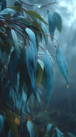 The Blue gum in light fog, dew on leaves, light soft diffused, threequarter view.の写真素材
