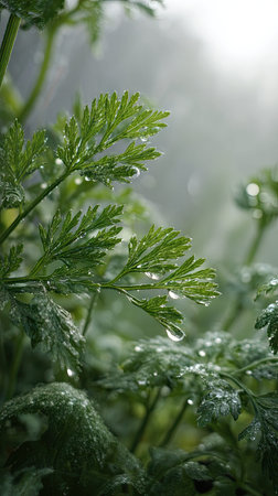 Light fog, dew on leaves, light soft diffused, threequarter view.の写真素材