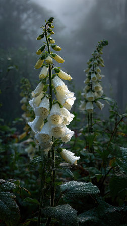 The Foxglove in light fog, dew on leaves, light soft diffused, threequarter view.の写真素材