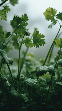 The Cilantro in light fog, dew on leaves, light soft diffused, threequarter view.の写真素材