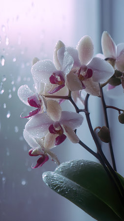 The Orchid in light fog, dew on leaves, light soft diffused, threequarter view.の写真素材