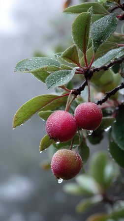 The Mountain apple in light fog, dew on leaves, light soft diffused, threequarter view.の写真素材