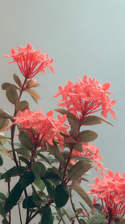 The Ixora in light fog, dew on leaves, light soft diffused, threequarter view.の写真素材