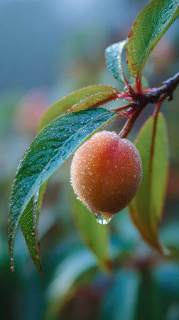 The Peach in light fog, dew on leaves, light soft diffused, threequarter view.の写真素材