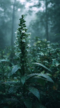 The Snapdragon in light fog, dew on leaves, light soft diffused, threequarter view.の写真素材