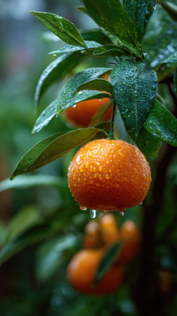 The Tangerine in light fog, dew on leaves, light soft diffused, three quarter view.の写真素材