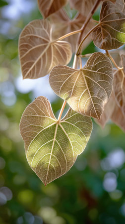 A sunlit portrait of a single Paulownia, photographed outdoors on a clear, breezy day. Fresh, crisp air renders vivid detail in the leave veins glowing with gentle backlight. The background falls into a soft natural bokeh of greenery, colors truetolife, organic beauty in pure sunlight.の写真素材